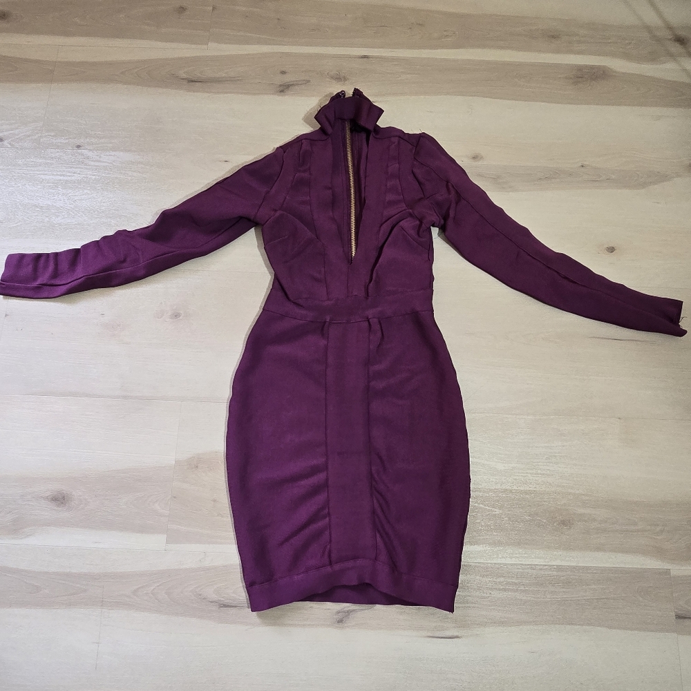 Peace+love V Neck Longsleeve Bodycone Dark Fuchsia Zip Back Dress Women US6/UK10
